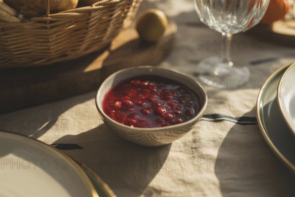 Small bowl with finely pureed cranberry sauce on simple Thanksgiving table. Symbol of traditional holiday meal and seasonal celebration. Generative ai, AI generated