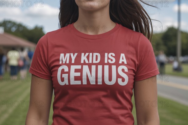 Close-up of woman wearing red t-shirt with text My Kid is a Genius outdoors. Concept of parental pride and child favoritism.. Generative ai, AI generated