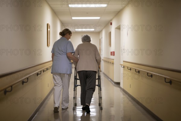 Back view of nurse helping older woman walk with walker in rehabilitation center hallway. Elder care and nursing support. Generative ai, AI generated