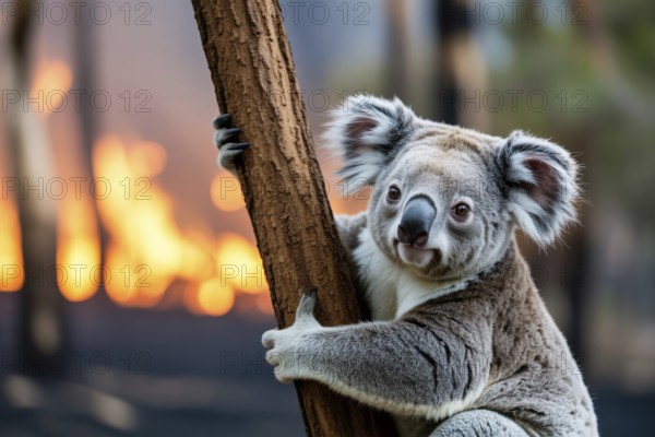 Close up of koala bear clinging to tree with burning forest fire in blurry background. Concept of wildlife endangered by forest fires and environmental crisis. Generative AI, AI generated