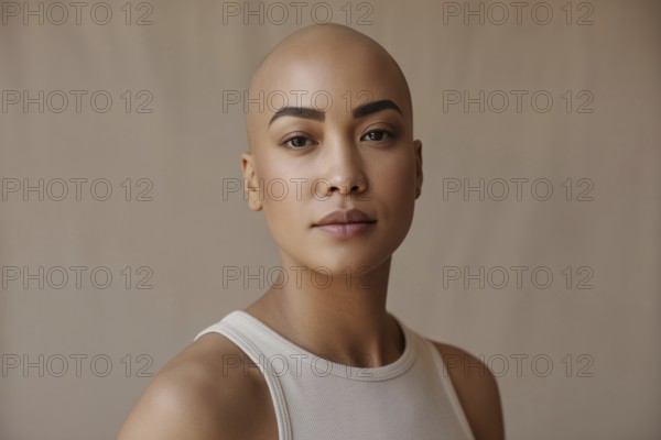 Confident young bald woman with stylish makeup posing in studio. Beauty, self-acceptance, and individuality. Generative ai, AI generated