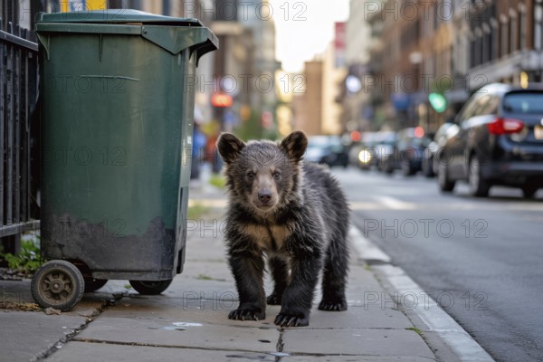Young black bear cub standing by garbage can on city street. Wildlife drawn to human food waste. Generative Ai, AI generated