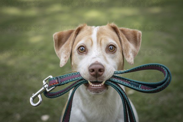 Close-up of cute dog holding leash in mouth, eager to go for a walk. Generative ai, AI generated