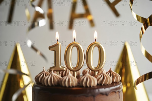Chocolate 100th birthday cake with flickering candle. Celebration of longevity and reaching a century of life. Generative ai, AI generated