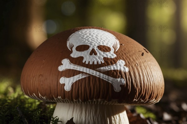 Close up of skull and crossbones painted on mushroom warns of toxic danger in forest. Generative ai, AI generated