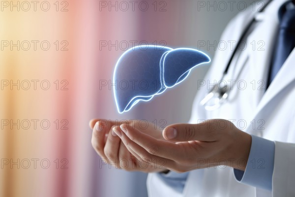 Doctor holding glowing virtual liver in modern clinic, symbolizing advanced liver care and empathetic medical treatment. Generative AI, AI generated