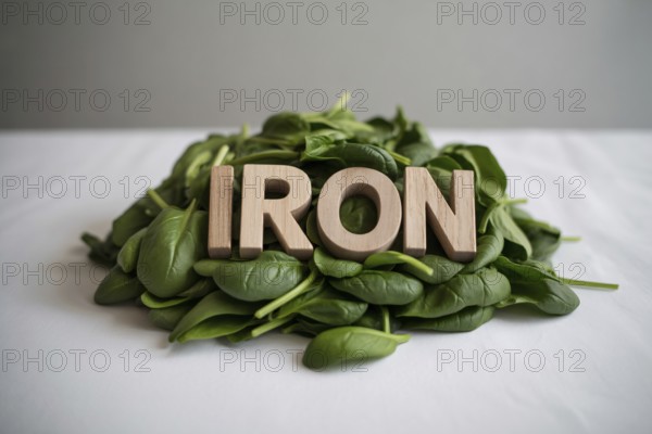 Fresh spinach leaves with wooden blocks spelling Iron. Clean studio image highlighting natural iron-rich greens. Generative ai, AI generated