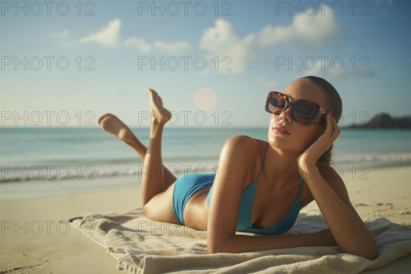 Woman relaxing on white sand beach wearing sunglasses and coral bikini under bright sun. Generative ai, AI generated