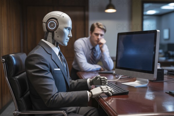 AI robot working on computer in office as human watche. AI replacing human labor concept Generative ai, AI generated