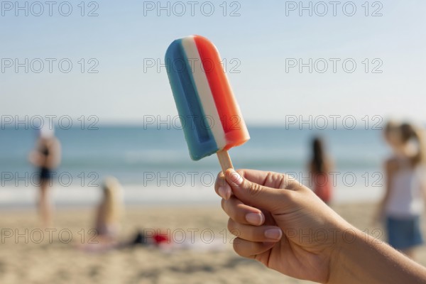 Hand holding melting American flag colored popsicle on sunny beach symbolizing summer and patriotic pride. Generative AI, AI generated