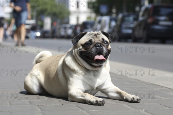 Pug dog lying on pedestrian walk, panting heavily in summer heat. Concept of overheating and heat risks for brachycephalic breeds. Generative ai, AI generated