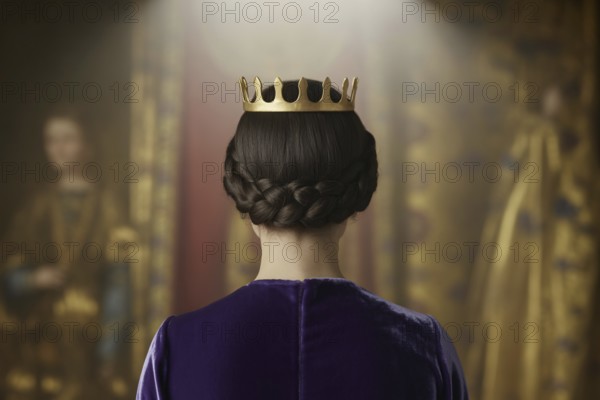 Back view of woman wearing a golden crown. Elegant portrait symbolizes female empowerment and female leadership Generative Ai, AI generated