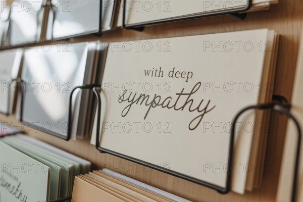 Condolence card with With deep sympathy text displayed in a shop card rack. Concept of grief and loss. Generative ai, AI generated