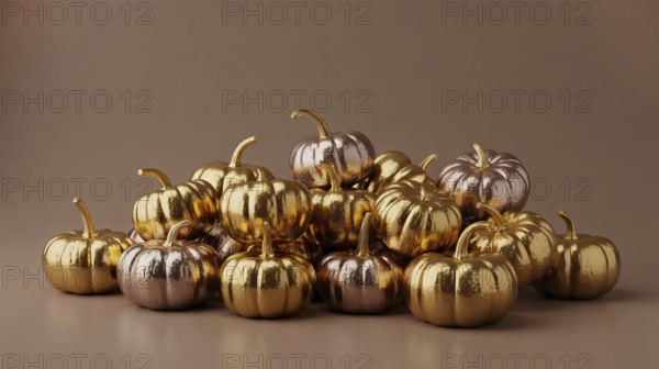 Metallic golden and copper pumpkins piled on brown background. Festive autumn harvest decoration banner. Generative ai, AI generated