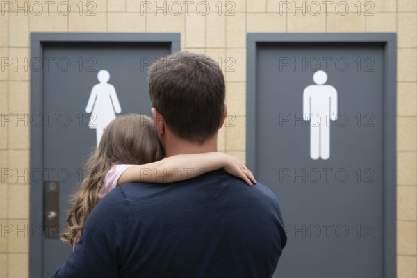 Father with young daughter in front of men's and women's restroom doors. Concept of gendered public toilet challenges for parents. Generative ai, AI generated