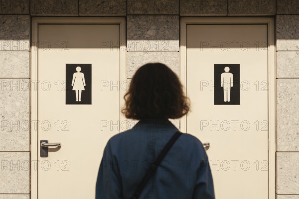 Back view of transgender woman hesitating between men's and women's bathroom doors. Concept of public restroom access and trans rights debate. Generative ai, AI generated