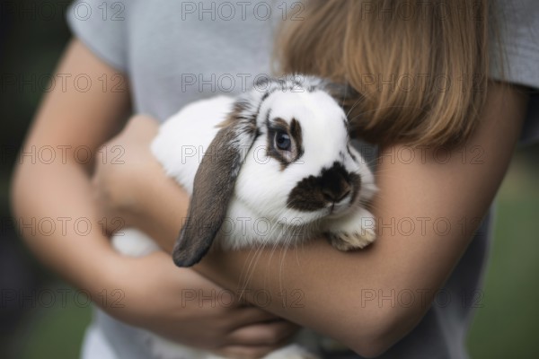 Woman holding lop-eared pet bunny in arms. Symbol of gentle pet companionship and animal care. Generative ai, AI generated