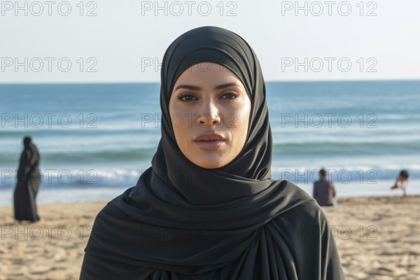 Close up of woman in black hijab at the beach. Generative ai, AI generated
