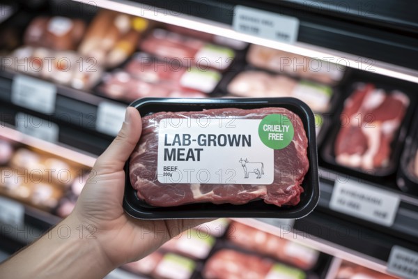 Close up of hand holding package of lab-grown beef meat in supermarket. Concept of cruelty-free advanced vegan alternative. Generative AI, AI generated