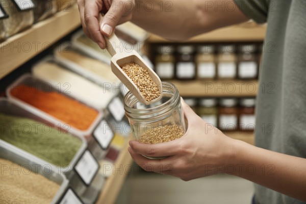 Hands filling small glass jar with grains using wooden scoop at bulk store. Concept of zero-waste and sustainable shopping. Generative Ai, AI generated