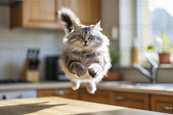 Luffy cat mid-air jumping over kitchen counter. Concept of playful energy and curiosity. Generative ai, AI generated