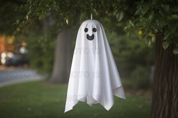 Cute white sheet ghost Halloween decoration hanging from tree. Concept of spooky seasonal tradition. Generative ai, AI generated