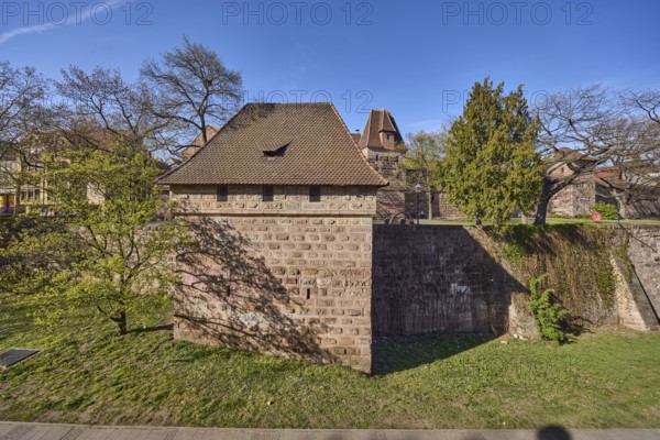 Old town, city fortification, city wall, tower, trees, lawn, blue sky, Frauentor wall, Frauentor moat, Nuremberg, Middle Franconia, independent city, Bavaria, Germany