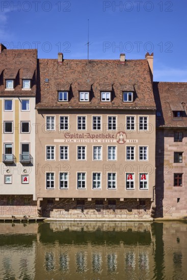 Spital-Apotheke, historical building, river Pegnitz, pharmacy, facade, window, abstract reflections, water surface, blue sky, cirrostratus clouds, Spitalgasse, Nuremberg, Middle Franconia, independent city, Bavaria, Germany