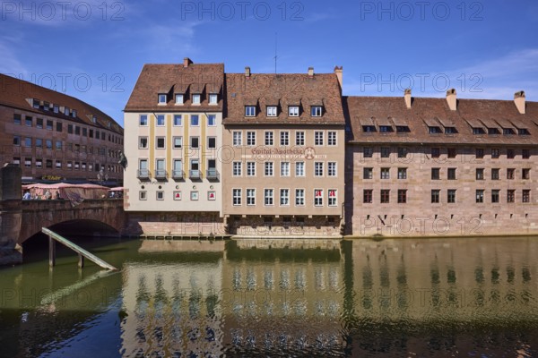 River Pegnitz, Spital-Apotheke, historical building, pharmacy, facade, window, abstract reflections, water surface, blue sky, cirrostratus clouds, Spitalgasse, Nuremberg, Middle Franconia, independent city, Bavaria, Germany