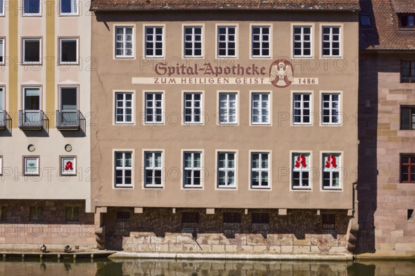 Spital-Apotheke, historical building, pharmacy, facade, window, sunny, Spitalgasse, Nuremberg, Middle Franconia, independent city, Bavaria, Germany