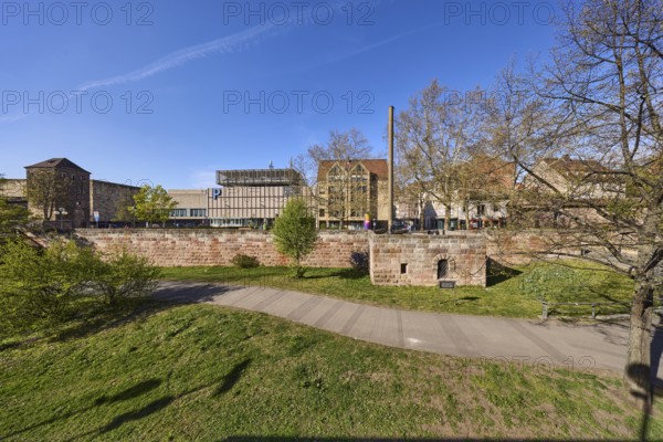 Square, city fortifications, city wall, footpath, trees, lawn, general architecture, Sterntor multi-storey car park, modern buildings, super wide angle, blue sky, cloudless, Frauentor wall, Magnus-Hirschfeld-Platz, Nuremberg, Middle Franconia, independent city, Bavaria, Germany