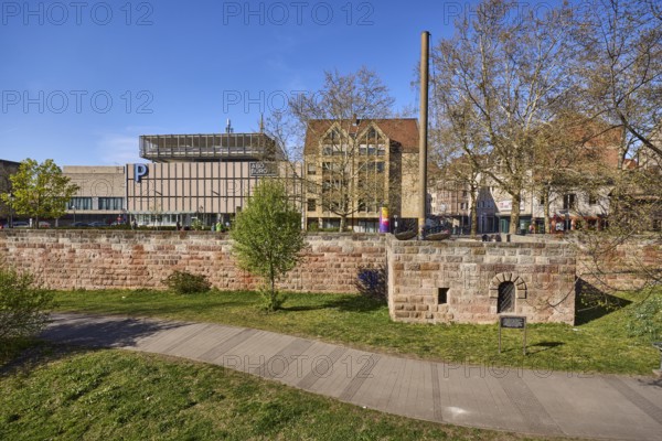 Square, city fortifications, city wall, footpath, trees, lawn, general architecture, Sterntor multi-storey car park, modern buildings, blue sky, cloudless, Frauentor wall, Magnus-Hirschfeld-Platz, Nuremberg, Middle Franconia, independent city, Bavaria, Germany