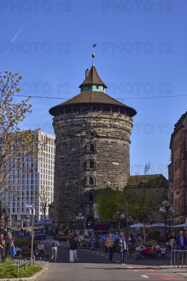 Frauentorturm, city fortification, round tower, pedestrian zone, historical buildings, modern architecture, trees, street, pedestrians as secondary motif, blue sky, cloudless, KönigstraÃŸe, Nuremberg, Middle Franconia, independent city, Bavaria, Germany