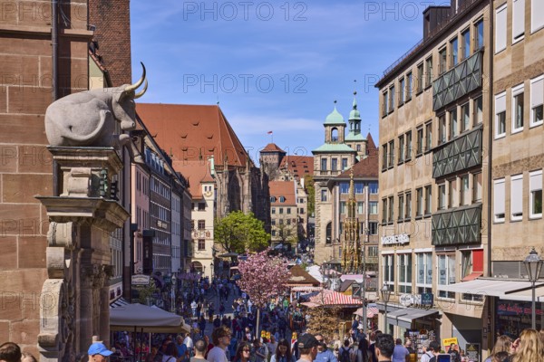 Pedestrian zone, building, fountain, church, town hall, castle, facades, windows, trees, pedestrians as secondary motif, FleischbrÃ¼cke, Schöner Brunnen, St. Sebaldus Church, Kaiserburg, main market, Nuremberg, Middle Franconia, independent city, Bavaria, Germany