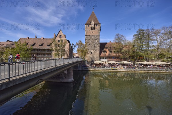 Schuldturm, river Pegnitz, car bridge and pedestrian bridge, historic buildings, metal railings, trees, outdoor area, Cafe and Bar Celona, reflections, water surface, pedestrians as secondary motif, blue sky, cirrostratus clouds, HeubrÃ¼cke, Vordere Insel SchÃ¼tt, Nuremberg, Middle Franconia, independent city, Bavaria, Germany
