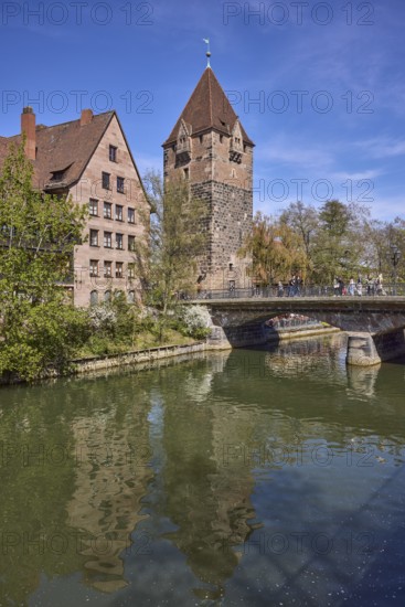 Schuldturm, river Pegnitz, bridge, historical buildings, house, trees, reflections, water surface, blue sky, cirrostratus clouds, HeubrÃ¼cke, Vordere Insel SchÃ¼tt, Nuremberg, Middle Franconia, independent city, Bavaria, Germany