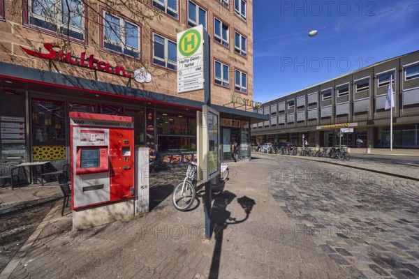 Bus stop Heilig-Geist-Spital, public transport, ticket machine, architecture, alleyway, cobblestone pavement, blue sky, cirrostratus clouds, Spitalgasse, Nuremberg, Middle Franconia, independent city, Bavaria, Germany