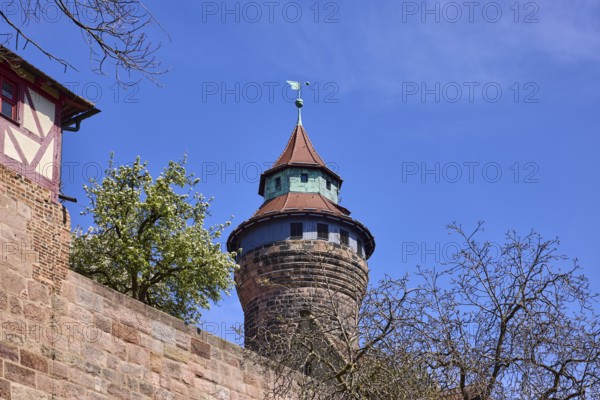 Kaiserburg, Sinnwell Tower, round tower, castle, castle wall, trees, blossoming tree, blue sky, cirrostratus clouds, Nuremberg, Middle Franconia, independent city, Bavaria, Germany