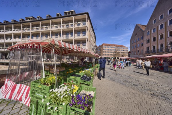 Pedestrian zone, market, market stalls, flower stall, pedestrians as secondary motif, blue sky, cirrostratus clouds, museum bridge, PlobenhofstraÃŸe, Spitalgasse, Nuremberg, Middle Franconia, independent city, Bavaria, Germany