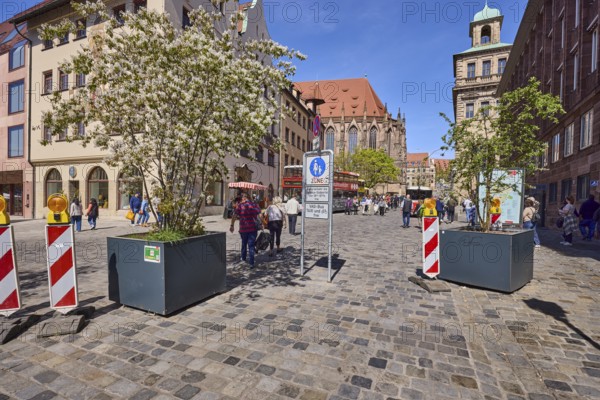 Pedestrian zone, barrier beacons, flower pots, blossoming tree, Canadian rock pear (Amelanchier canadensis), pavement made of cobblestones, historical buildings, church, pedestrians as secondary motif, blue sky, intersection main market with Waaggasse, Nuremberg, Middle Franconia, independent city, Bavaria, Germany