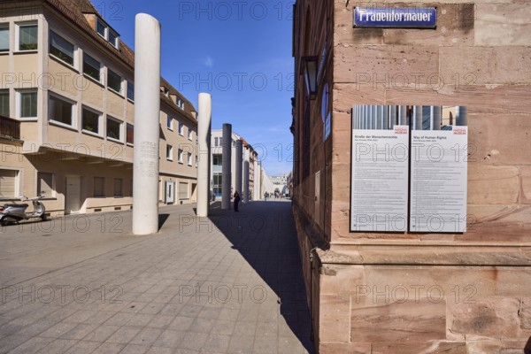 Street of Human Rights, installation, sculptor Dani Karavan, general architecture, alley, old town, footpath made of paving slabs, cirrostratus clouds, KartÃ¤usergasse, Frauentor wall, Nuremberg, Middle Franconia, independent city, Bavaria, Germany