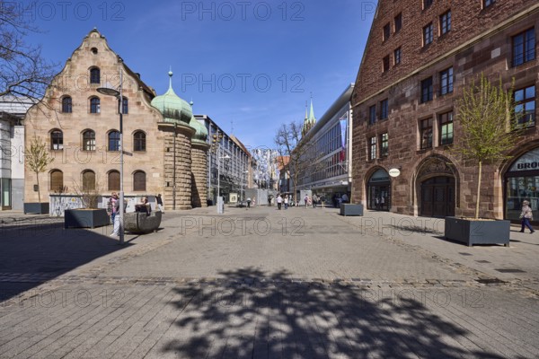 Armoury, historical building, shops, general architecture, pedestrian zone, lantern, trees, blue sky, cirrostratus clouds, Pfannenschmiedsgasse, Nuremberg, Middle Franconia, independent city, Bavaria, Germany
