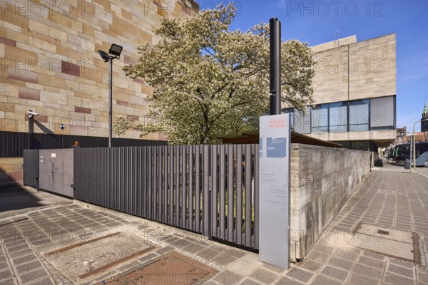 Germanisches National Museum, cultural history museum, metal fence, access gate, sandstone wall, modern architecture, blossoming tree, Grasersgasse, Nuremberg, Middle Franconia, independent city, Bavaria, Germany