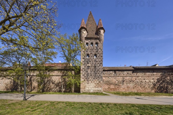 Old town, city fortification, city wall, defence defence tower, footpath, tree, lawn, blue sky, Frauentor wall, Spittlertorzwinger, Nuremberg, Middle Franconia, independent city, Bavaria, Germany