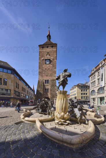 White Tower, Marriage Roundabout, sculptor JÃ¼rgen Weber, fountain with bronze sculptures, marriage fountain, Hans-Sachs-Fountain, general architecture, cobblestone pavement, pedestrian zone, Ludwigsplatz, Nuremberg, Middle Franconia, independent city, Bavaria, Germany