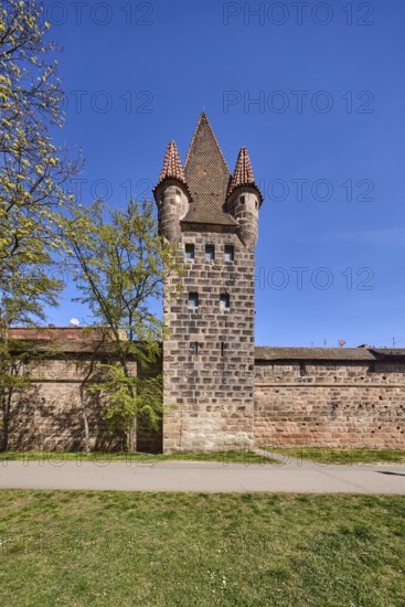 Old town, city fortification, city wall, defence defence tower, footpath, tree, lawn, blue sky, Frauentor wall, Spittlertorzwinger, Nuremberg, Middle Franconia, independent city, Bavaria, Germany