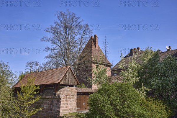 Old town, city fortification, city wall, defence defence tower, trees, blue sky, cirrostratus clouds, street Ludwigstor, Nuremberg, Middle Franconia, independent city, Bavaria, Germany