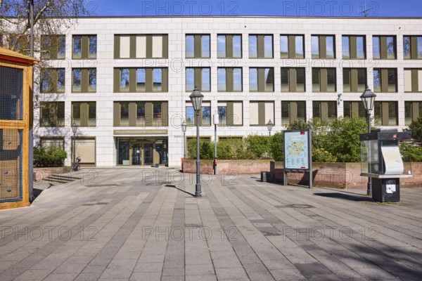 Police Headquarters Middle Franconia, modern building, facade, window, entrance area, entrance door, lantern, blue sky, Jakobsplatz, Nuremberg, Middle Franconia, independent city, Bavaria, Germany