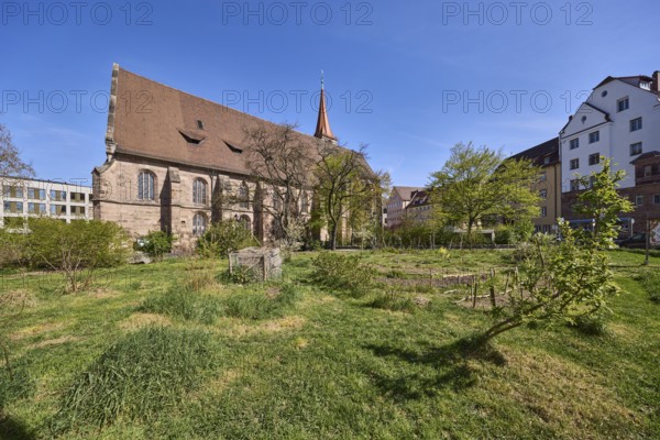 Edible city Jakobsplatz, St. Jakob, church, city garden, gardens, trees, general architecture, blue sky, Jakobsplatz, Nuremberg, Middle Franconia, independent city, Bavaria, Germany