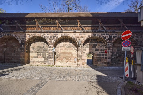 Old town, city fortification, city wall, blue sky, cirrostratus clouds, Spittlertor wall, Nuremberg, Middle Franconia, independent city, Bavaria, Germany
